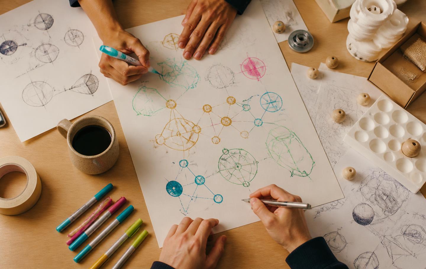 Hands sketching a web of connected ideas across a maker's desk